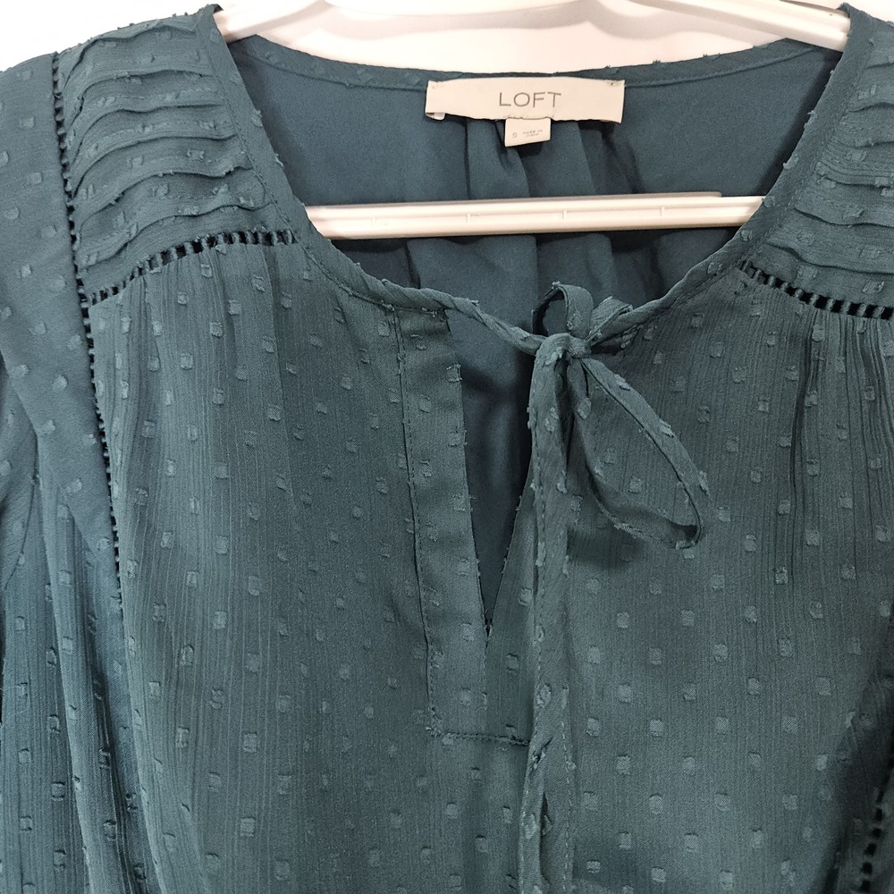 LOFT‎ Dress Womens Small Green Excellent Tie Neck Clip Dot Tiered Boho Romantic - Picture 4 of 10